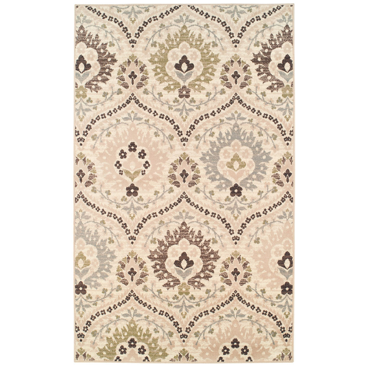 3' X 5' Ivory Gray And Olive Floral Stain Resistant Area Rug