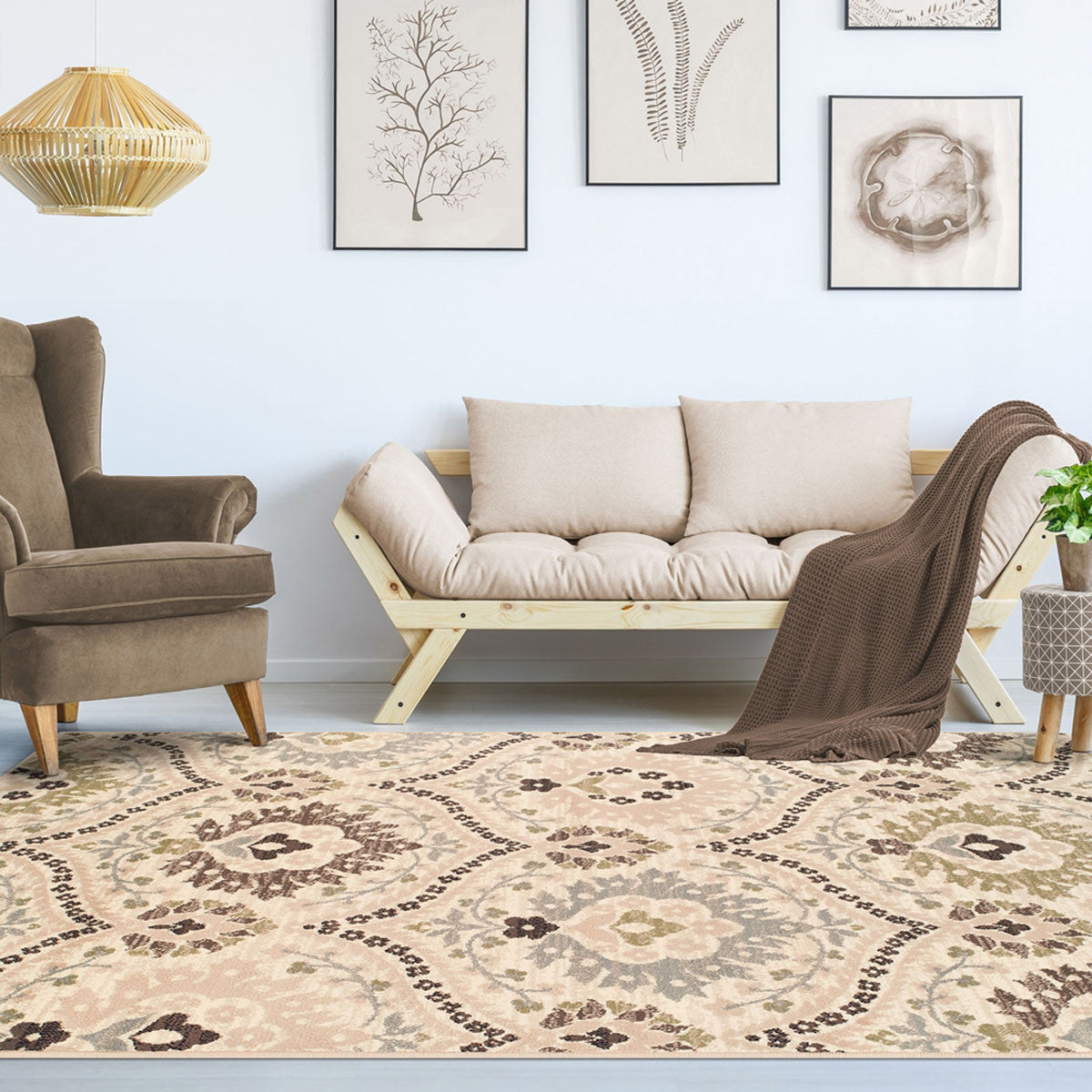 3' X 5' Ivory Gray And Olive Floral Stain Resistant Area Rug