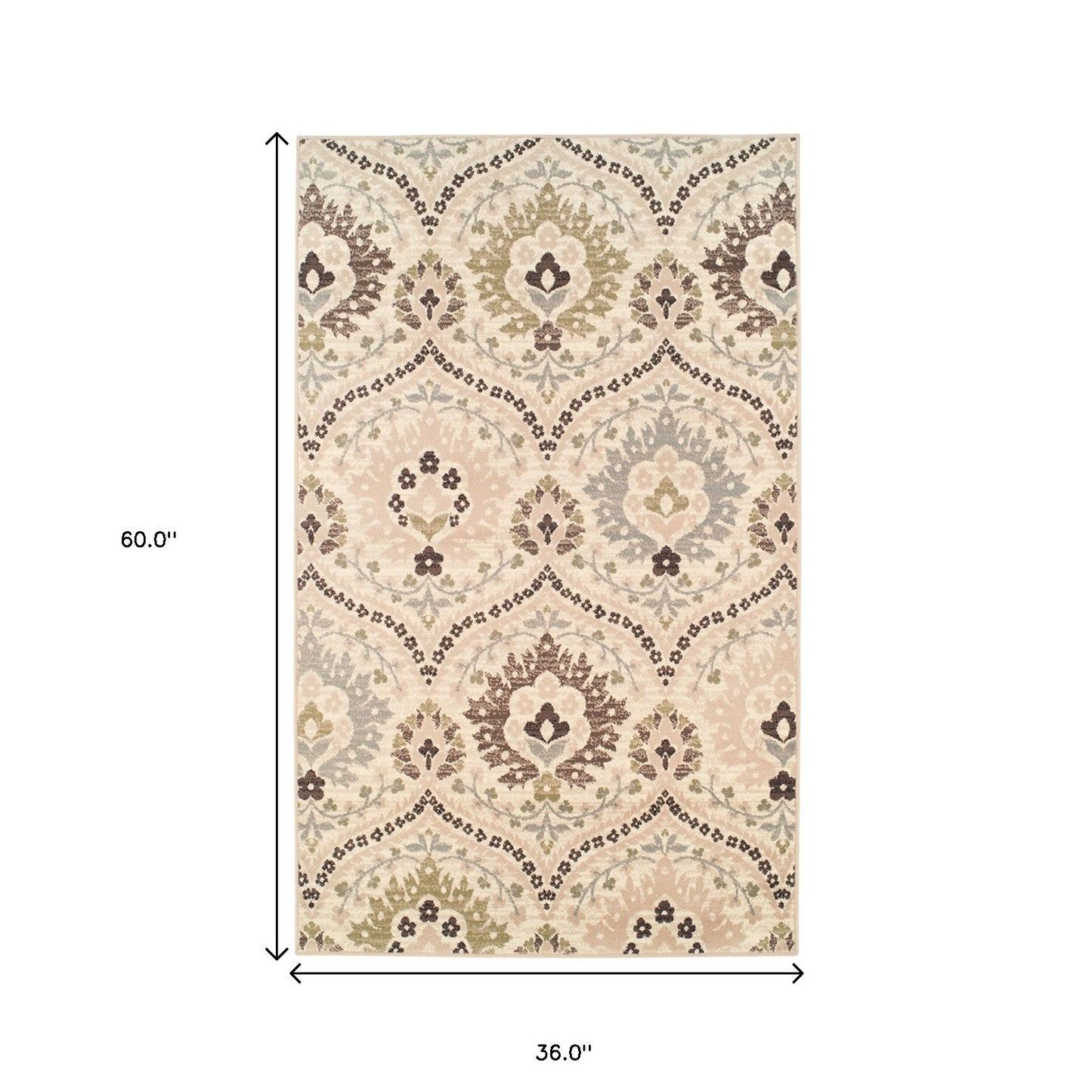 3' X 5' Ivory Gray And Olive Floral Stain Resistant Area Rug