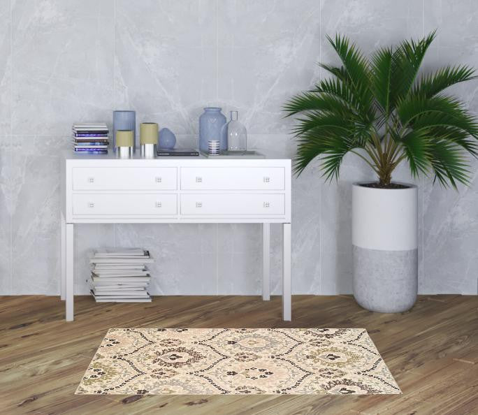 3' X 5' Ivory Gray And Olive Floral Stain Resistant Area Rug