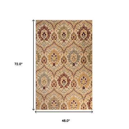 4' X 6' Beige Red And Gray Floral Area Rug