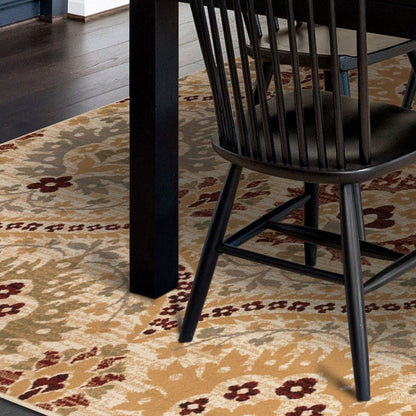 4' X 6' Beige Red And Gray Floral Area Rug