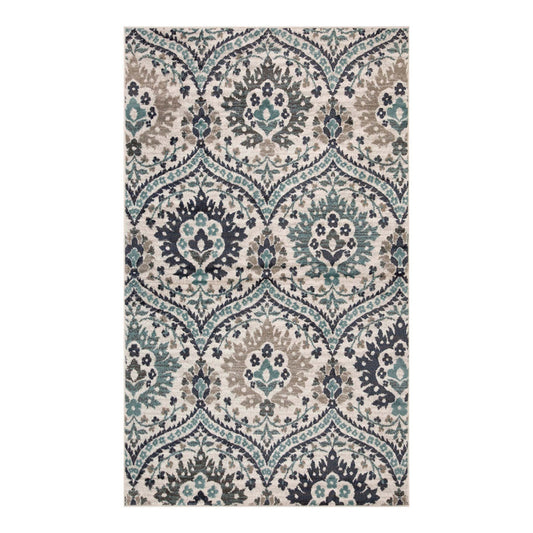 4' X 6' Ivory Blue And Gray Floral Stain Resistant Area Rug