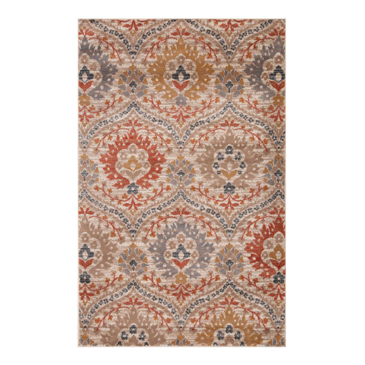 4' X 6' Ivory Orange And Gray Floral Stain Resistant Area Rug