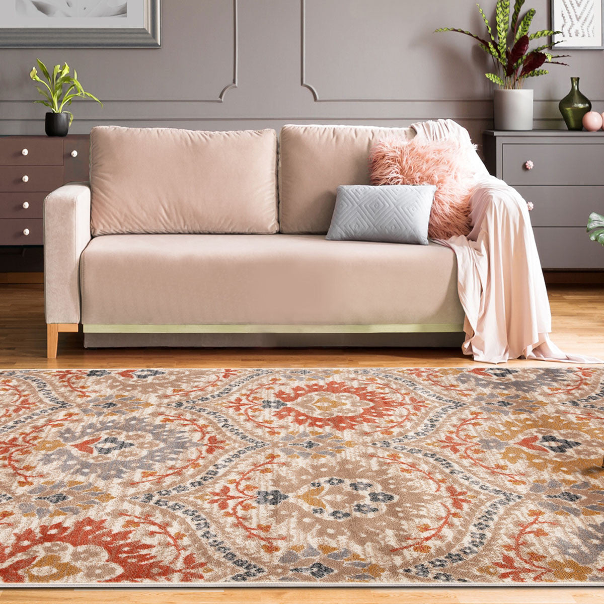 4' X 6' Ivory Orange And Gray Floral Stain Resistant Area Rug