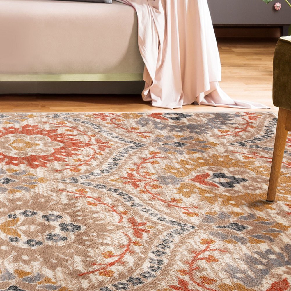 4' X 6' Orange And Ivory Floral Area Rug
