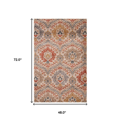 4' X 6' Orange And Ivory Floral Area Rug