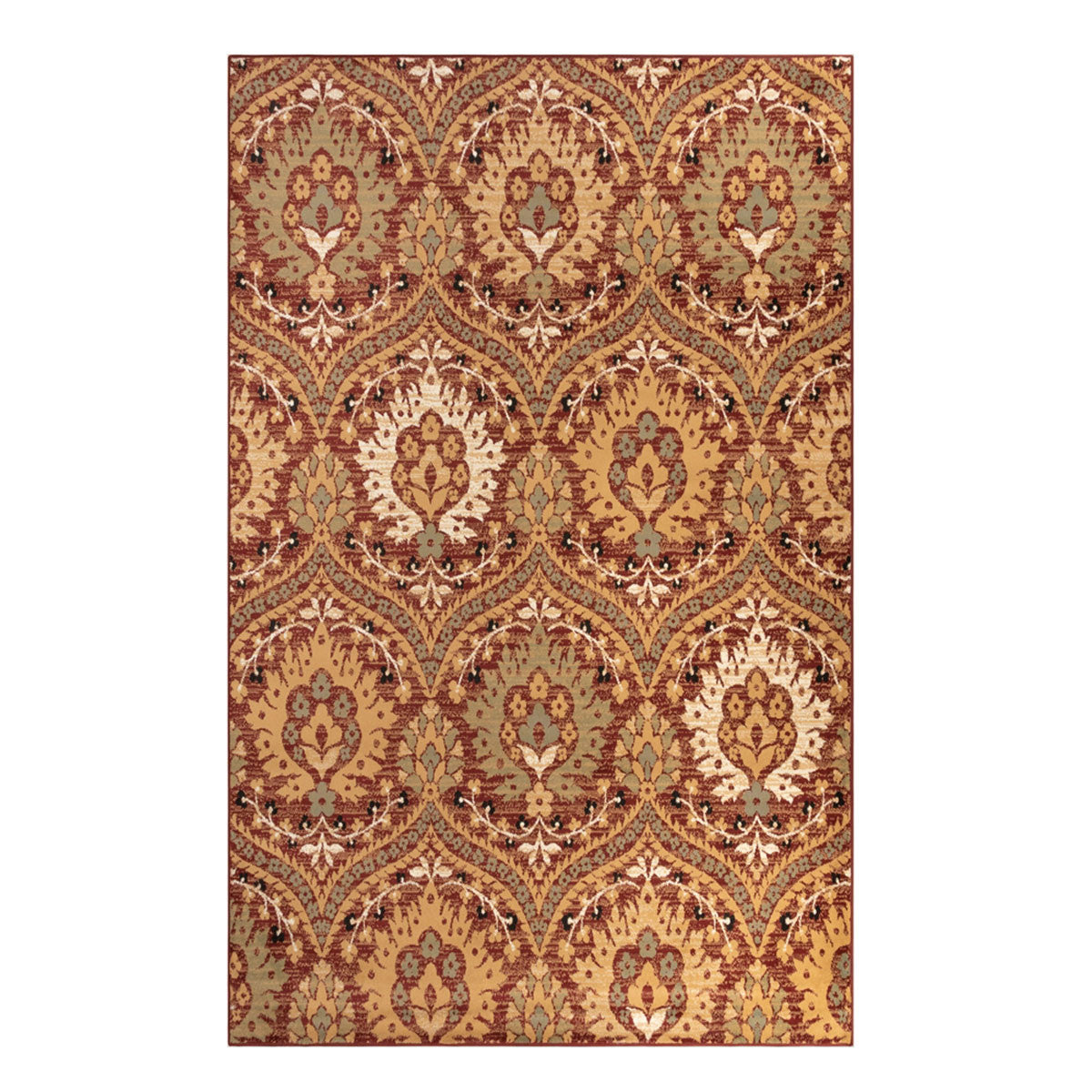 4' X 6' Red Gold And Olive Floral Stain Resistant Area Rug