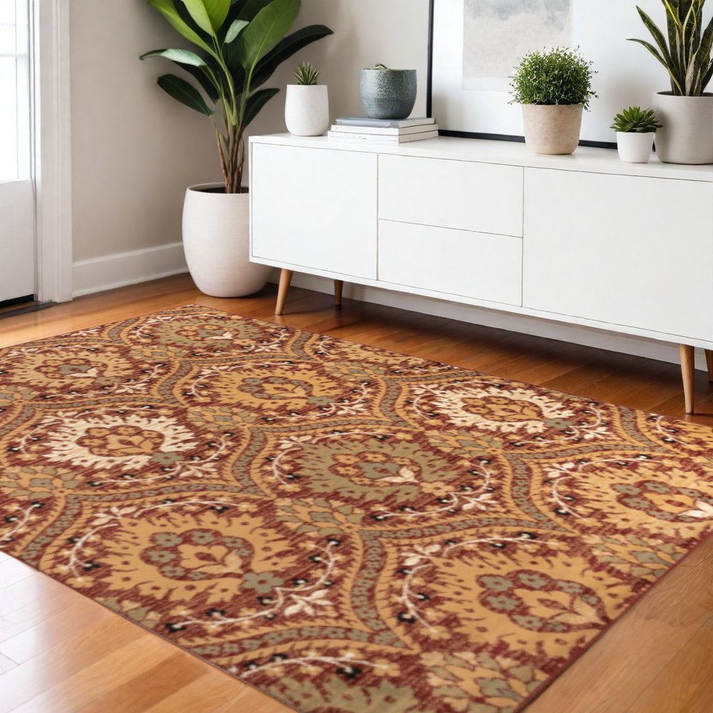 4' X 6' Red And Gold Floral Area Rug