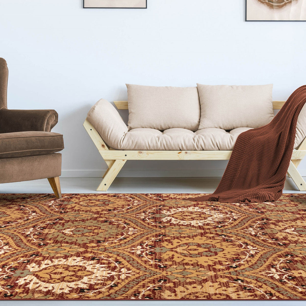 4' X 6' Red Gold And Olive Floral Stain Resistant Area Rug