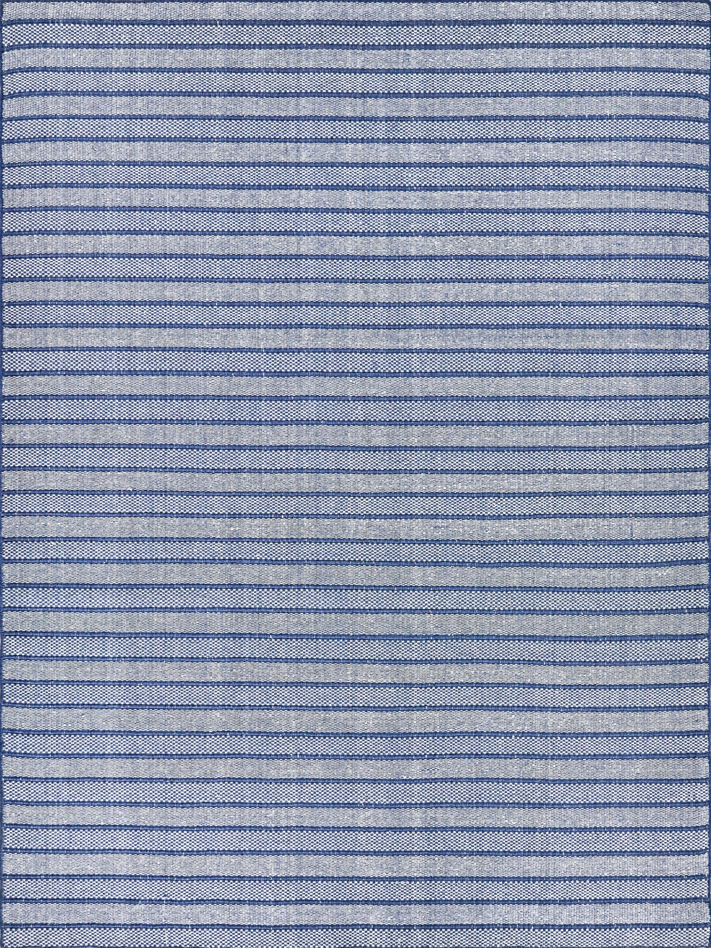 Light blue indoor/outdoor flat-weave rug with thin navy horizontal stripes.