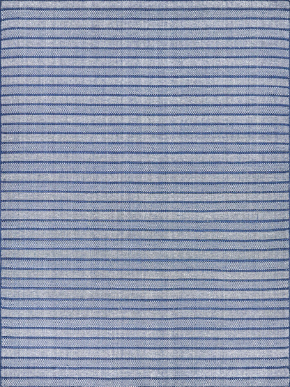 Light blue indoor/outdoor flat-weave rug with thin navy horizontal stripes.