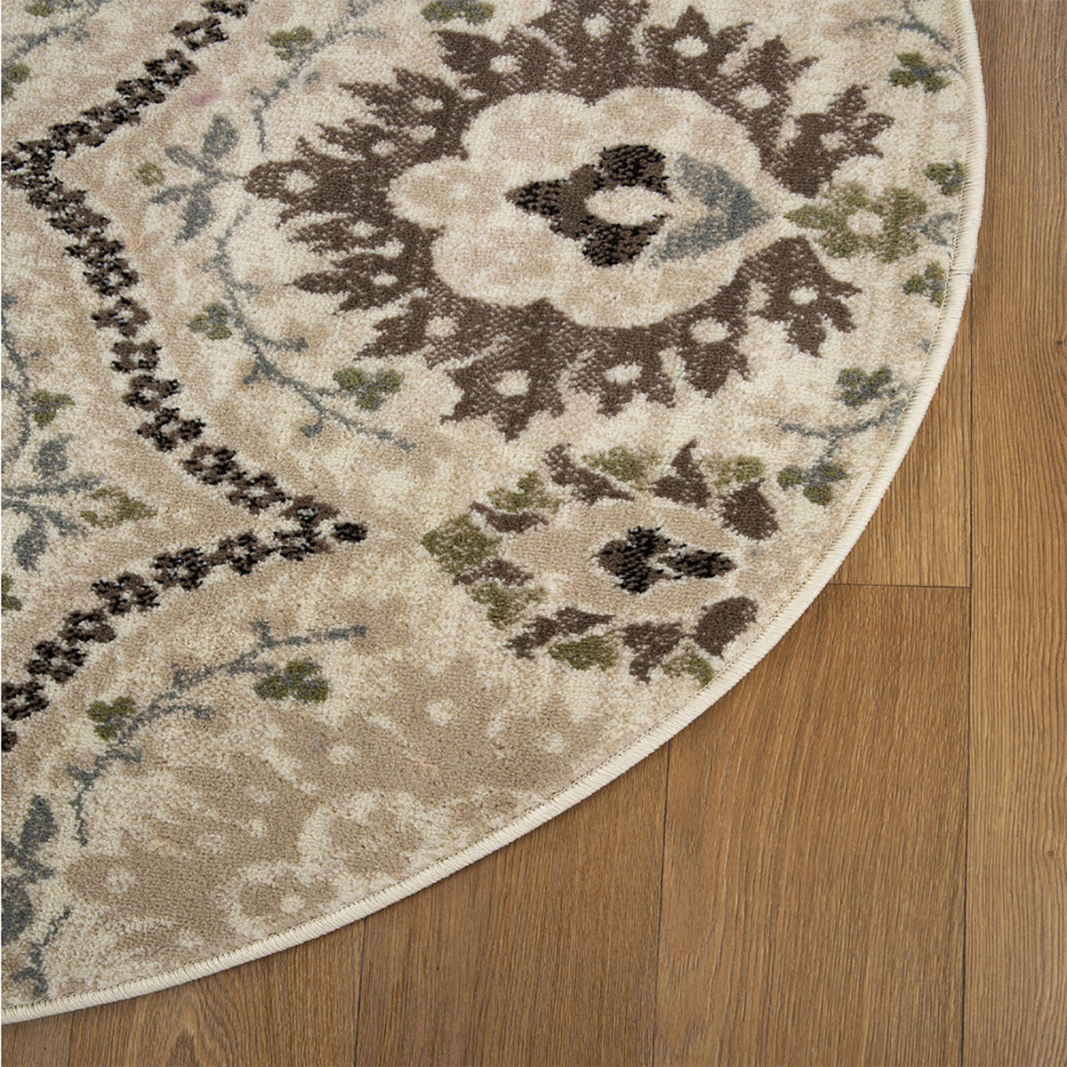 5' Round Ivory Gray And Olive Round Floral Stain Resistant Area Rug