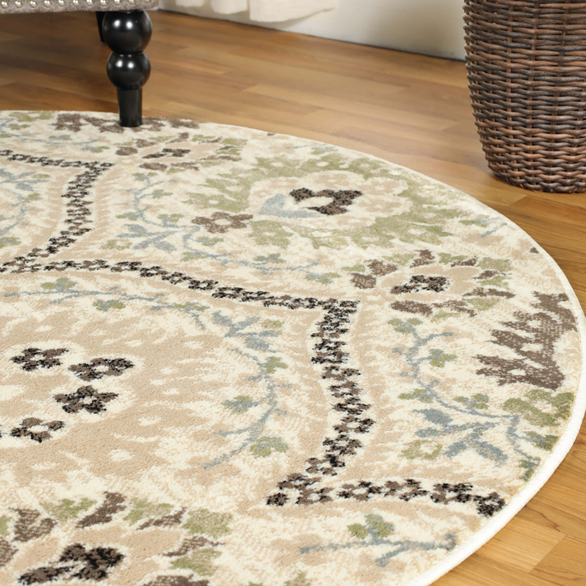 5' Round Ivory Gray And Olive Round Floral Stain Resistant Area Rug