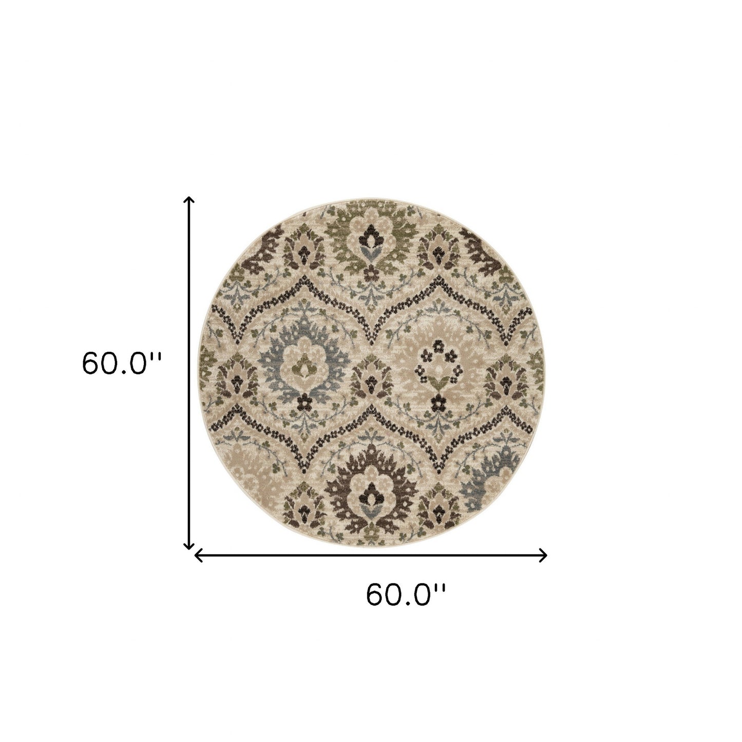 5' Round Ivory Gray And Olive Round Floral Stain Resistant Area Rug