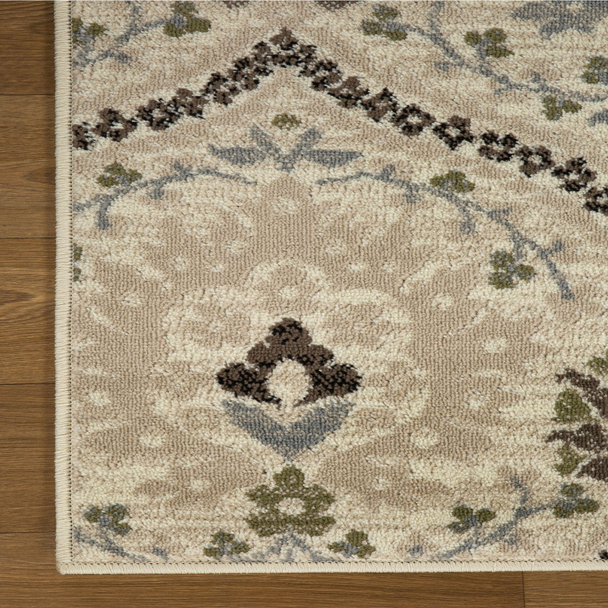 5' Square Ivory Gray And Olive Square Floral Stain Resistant Area Rug