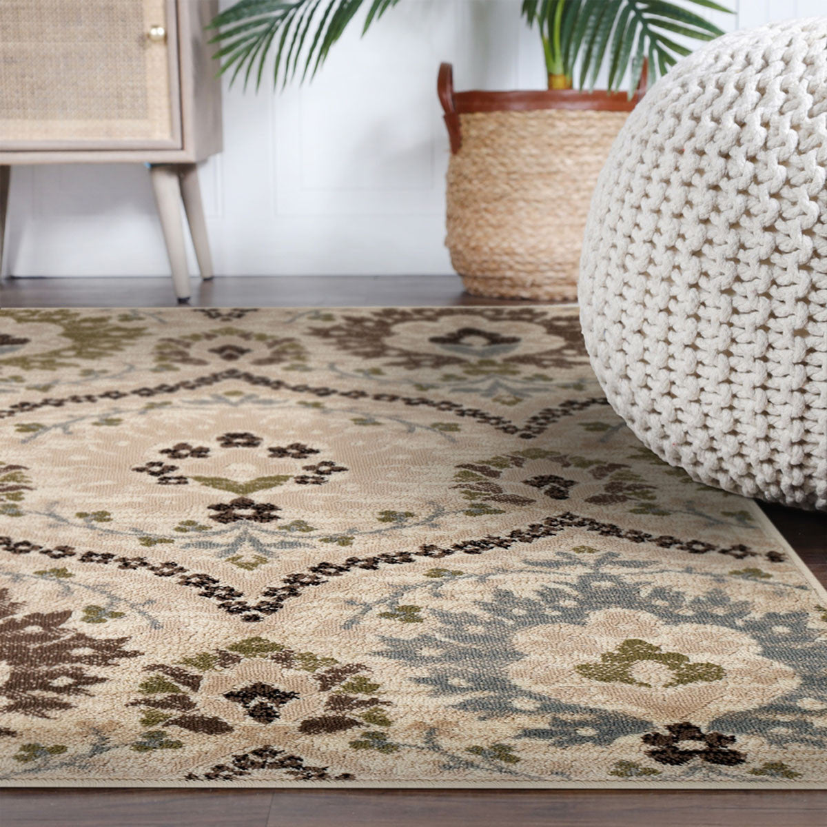 5' Square Ivory Gray And Olive Square Floral Stain Resistant Area Rug