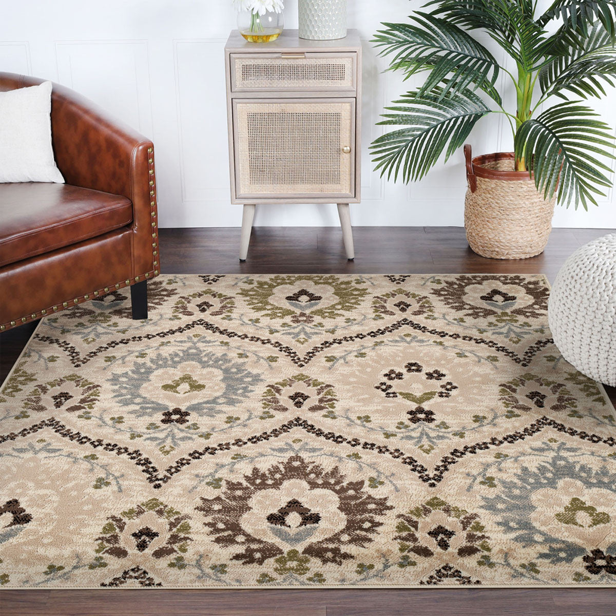 5' Square Ivory Gray And Olive Square Floral Stain Resistant Area Rug