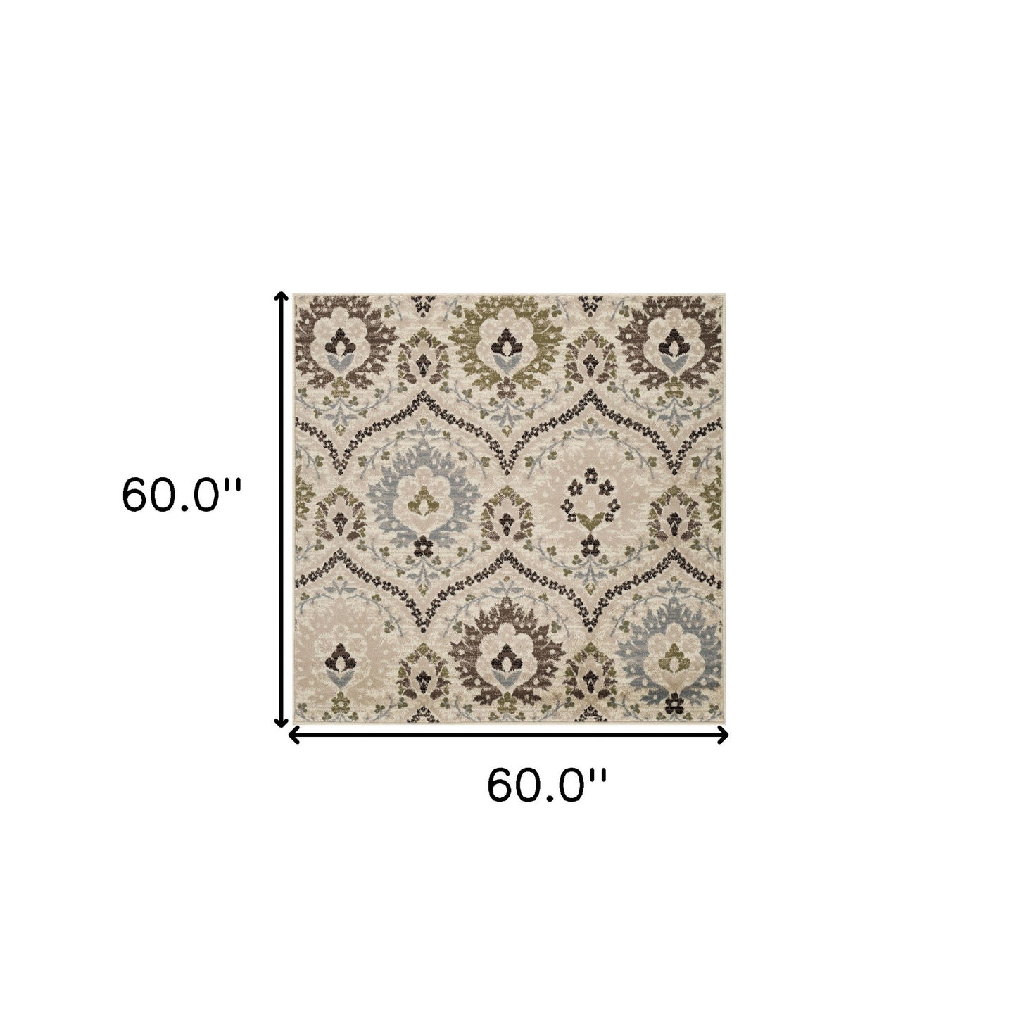 5' Square Ivory Gray And Olive Square Floral Stain Resistant Area Rug