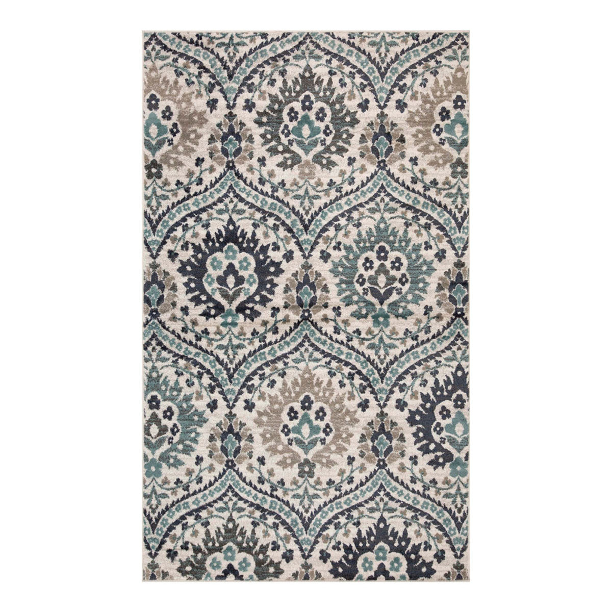 5' X 8' Ivory Blue And Gray Floral Stain Resistant Area Rug