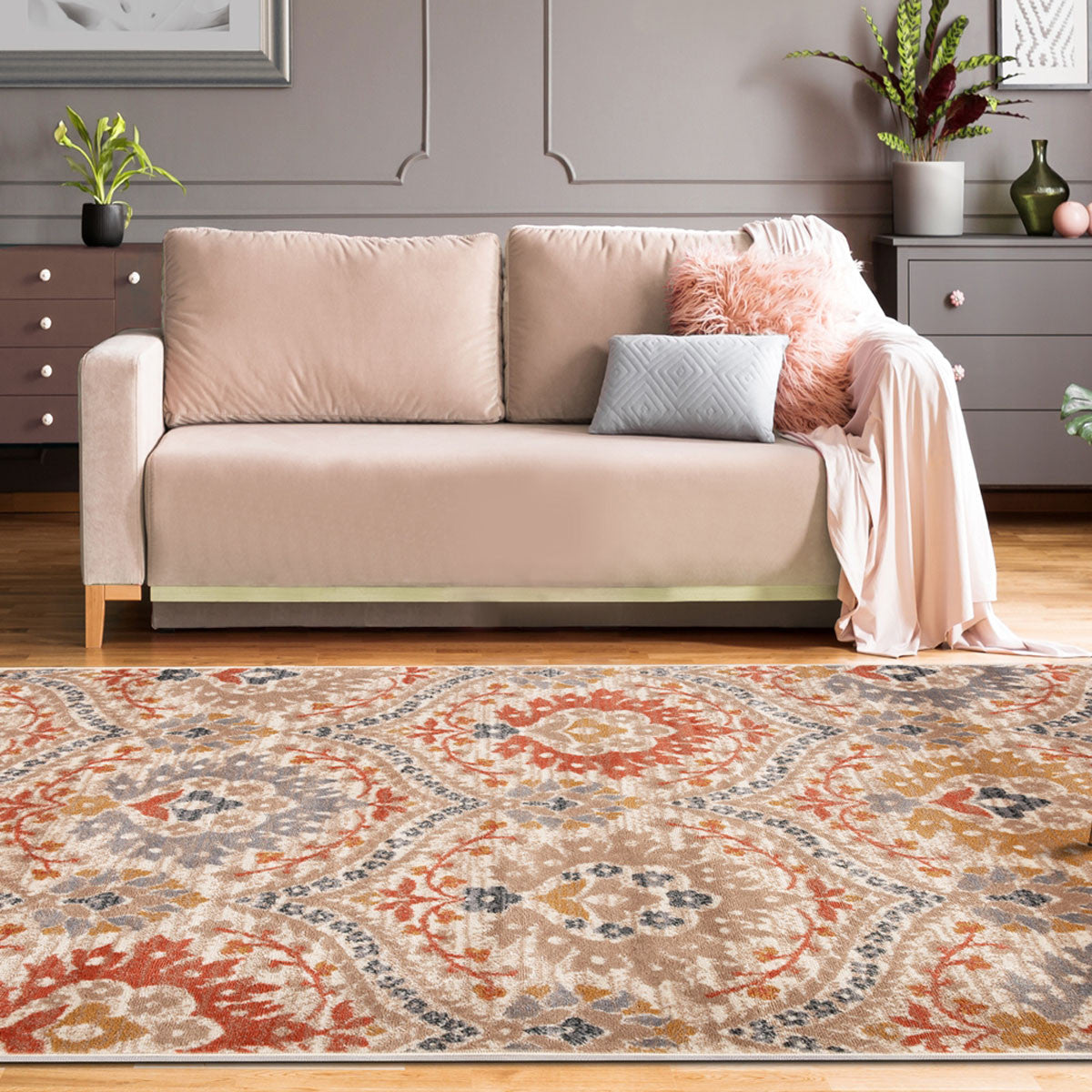 5' X 8' Ivory Orange And Gray Floral Stain Resistant Area Rug