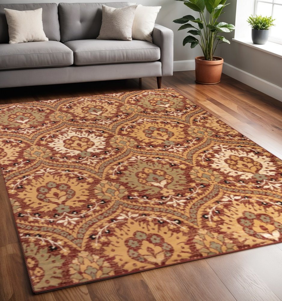 5' X 8' Red And Gold Floral Area Rug