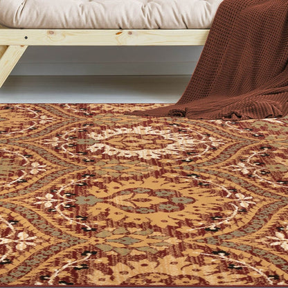 5' X 8' Red And Gold Floral Area Rug
