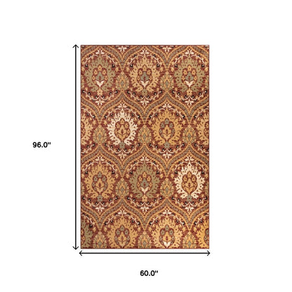 5' X 8' Red And Gold Floral Area Rug