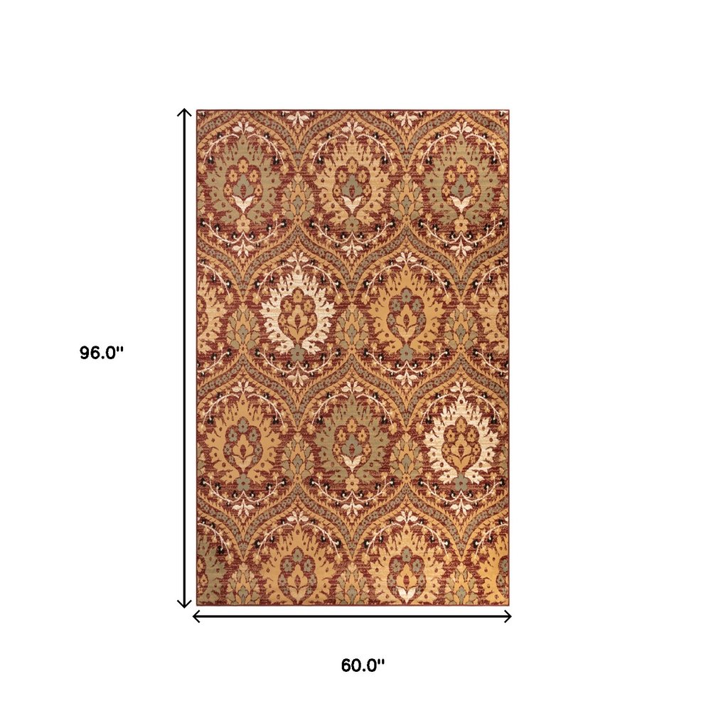 5' X 8' Red And Gold Floral Area Rug
