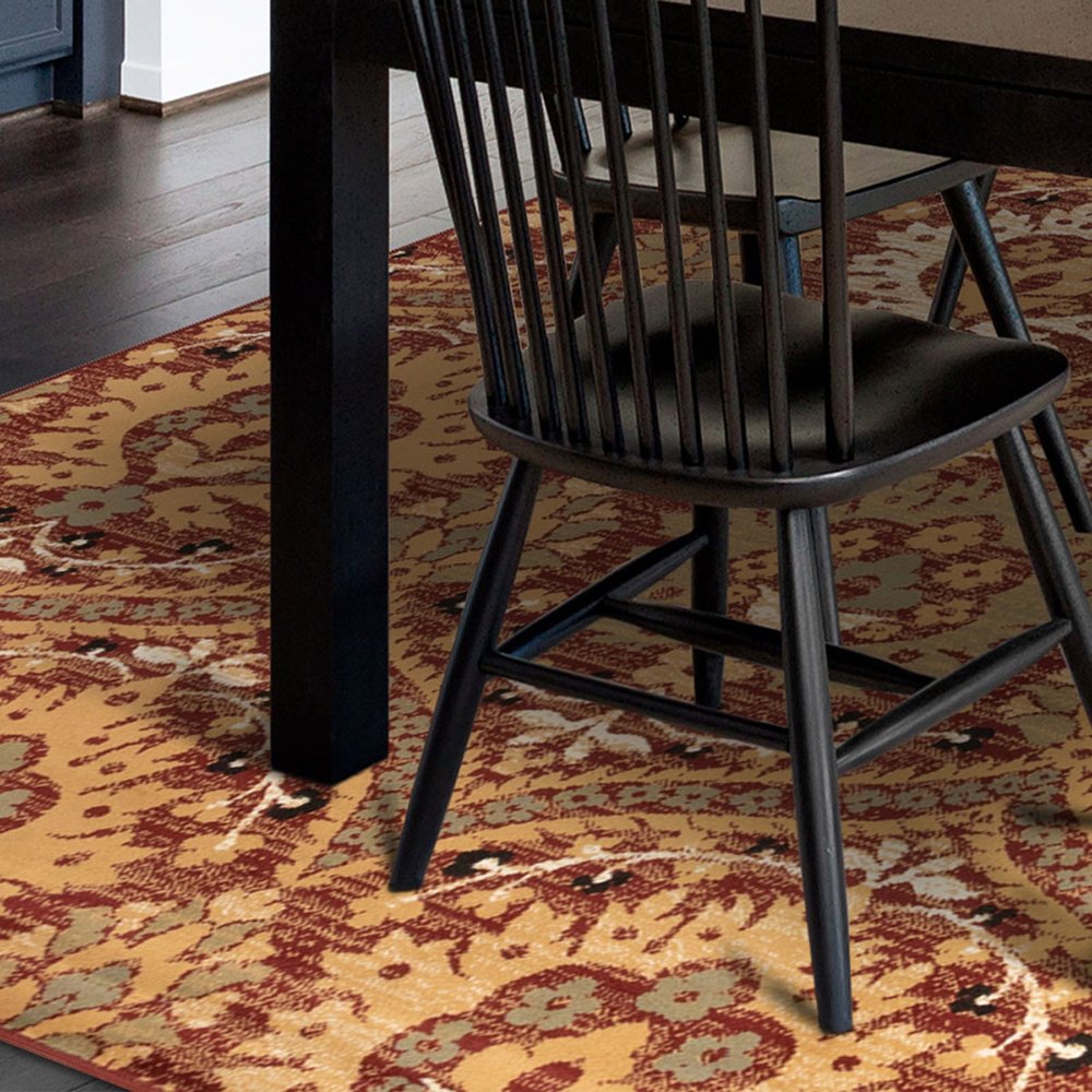 5' X 8' Red And Gold Floral Area Rug