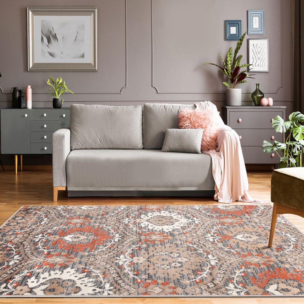 5' X 8' rust brown and gray floral area rug