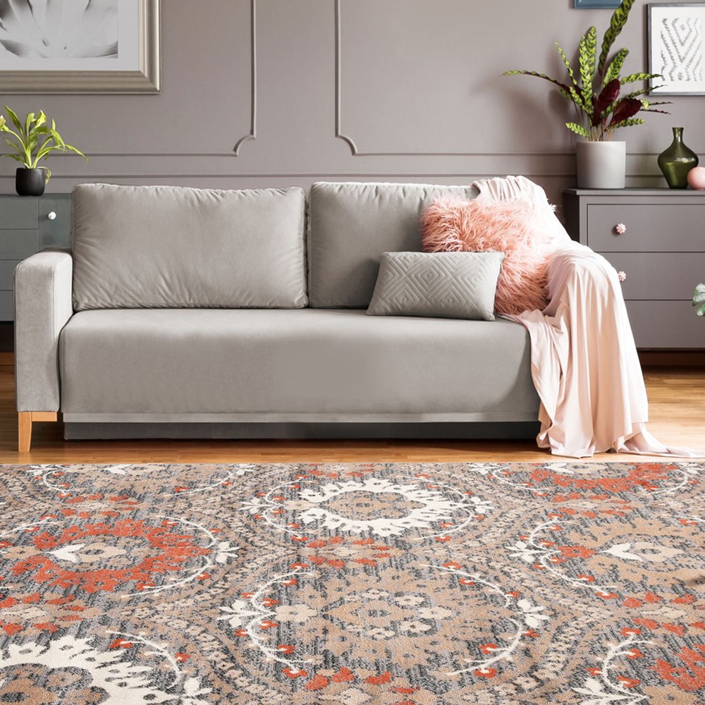 5' X 8' rust brown and gray floral area rug