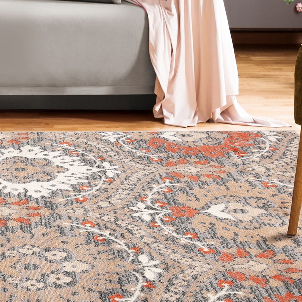 5' x 8' rust brown and gray floral area rug