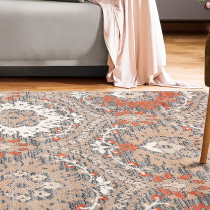 5' x 8' rust brown and gray floral area rug