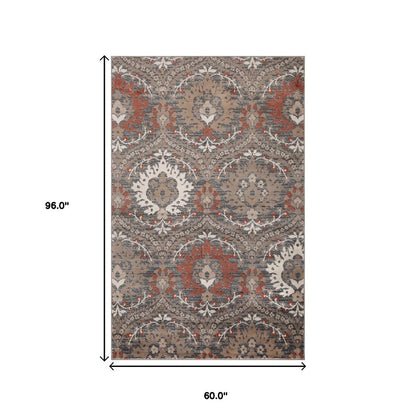 5' X 8' Rust Brown And Gray Floral Area Rug