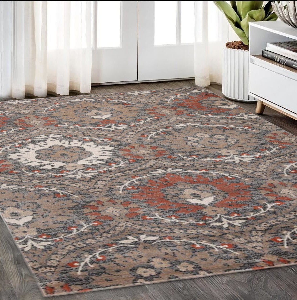 5' X 8' Rust Floral Stain Resistant Area Rug