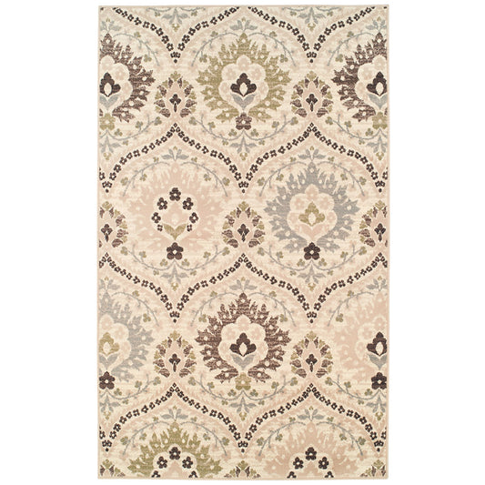 7' X 9' Ivory Gray And Olive Floral Stain Resistant Area Rug