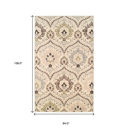 7' X 9' Gray And Ivory Floral Area Rug