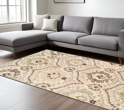 7' X 9' Gray And Ivory Floral Area Rug