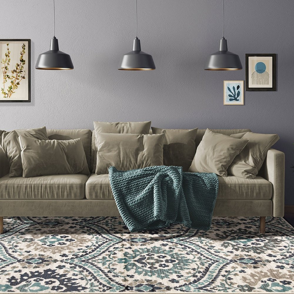 7' X 9' Ivory Blue And Gray Medallion Area Rug