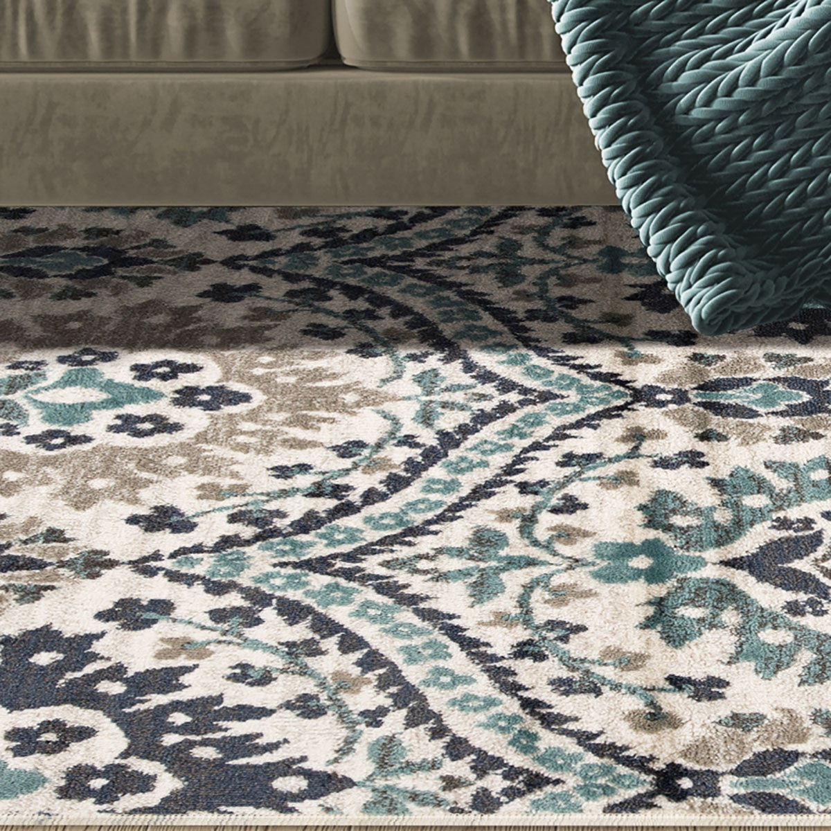 7' X 9' Ivory Blue And Gray Floral Stain Resistant Area Rug