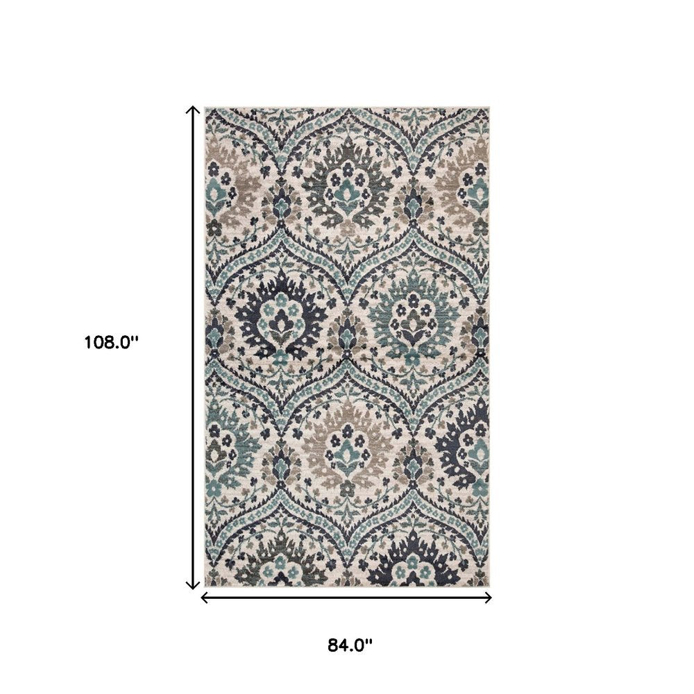 7' X 9' Ivory Blue And Gray Medallion Area Rug
