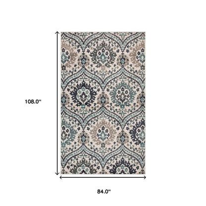 7' X 9' Ivory Blue And Gray Medallion Area Rug
