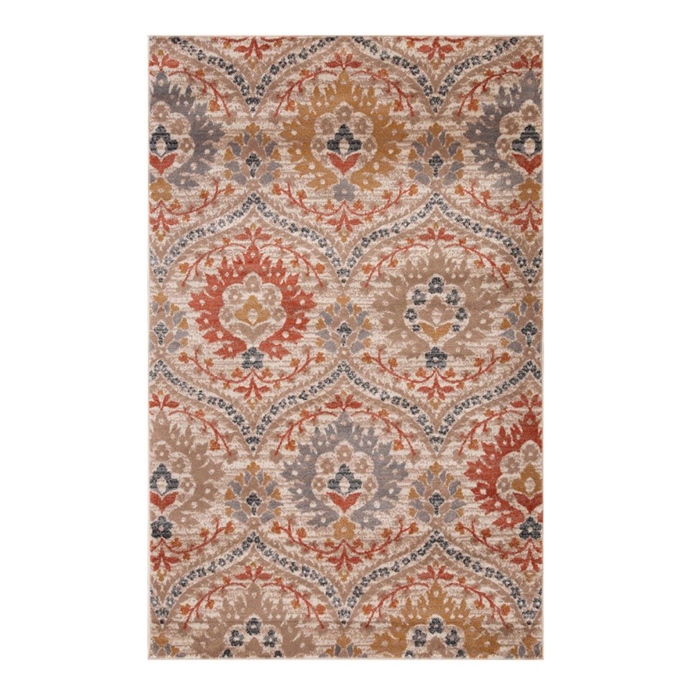 7' X 9' Orange And Ivory Floral Area Rug