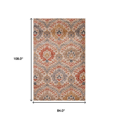 7' X 9' Orange And Ivory Floral Area Rug