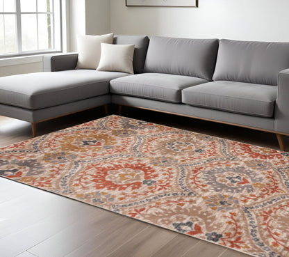 7' X 9' Orange And Ivory Floral Area Rug