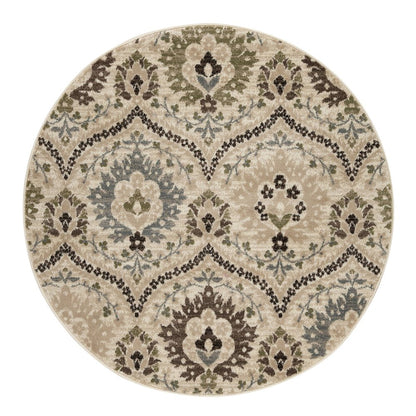 8' Brown Beige And Gray Floral Round Rug