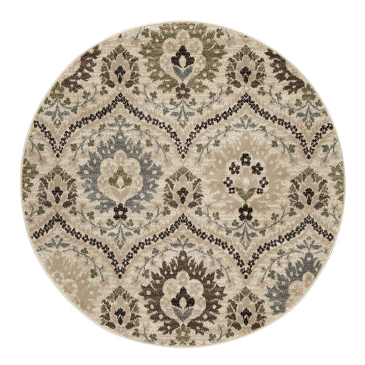 8' Round Ivory Gray And Olive Round Floral Stain Resistant Area Rug