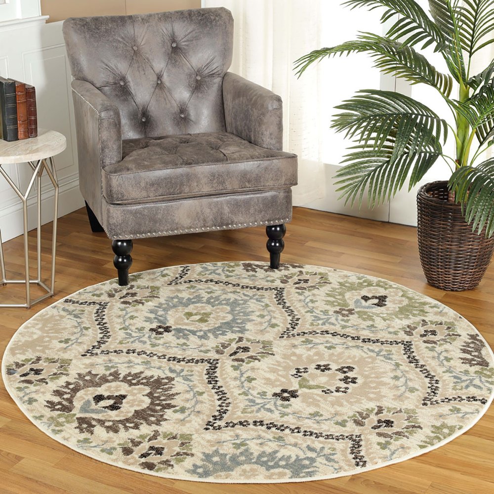 8' Brown Beige And Gray Floral Round Rug