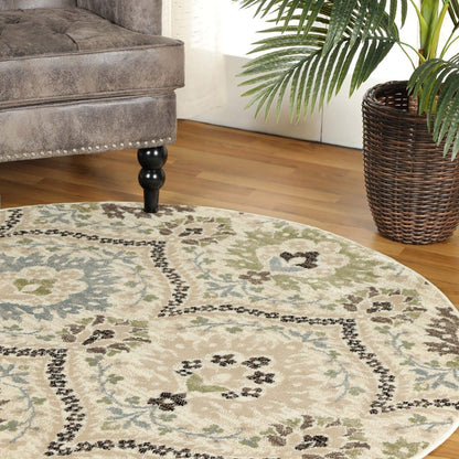 8' Brown Beige And Gray Floral Round Rug